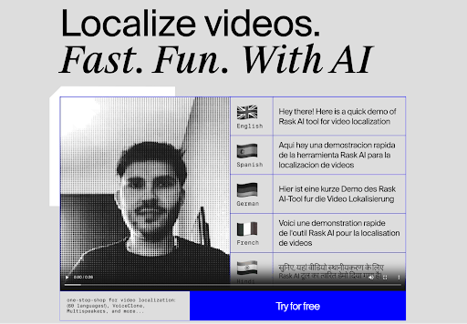 Screenshot of the Rask.ai product home page, which helps to automatically subtitle videos